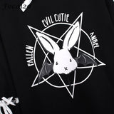 Focal20 Harajuku Pentagram Print Lace Up Women Fleeces Hoodies Gothic Punk Oversize Velvet Hooded Sweatshirt Pullover Streetwear - webtekdev