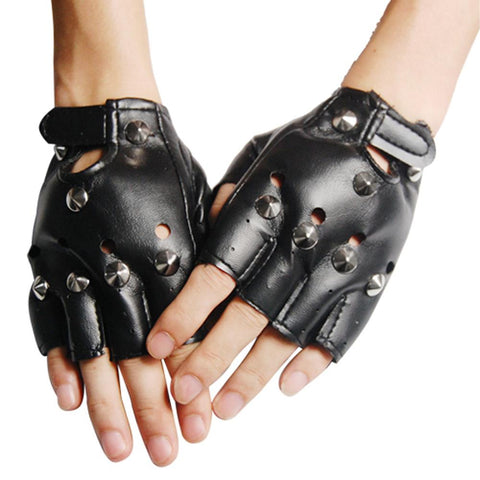 HOT Unisex Cool BLACK Punk Rock Studded LEATHER LOOK FINGERLESS GLOVES - webtekdev