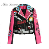 2019 Women Leather Jacket Street Fashion Rivets Leopard Letters Graffiti Colorful Eyes Print Motorcycle PU Leather Jacket Y8362 - webtekdev