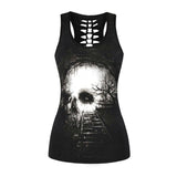 Raisevern 3D Skull Print Black Tops Sleeveless Hollow Out O Neck Tank Vest Female Bodybuilding Fitness Sporting Shirts Dropship - webtekdev