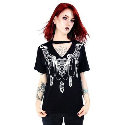 2019 New Fashion Tshirt Women Gothic Style Punk Girl Summer Short Sleeve V-neck Tops T-shirt Camiseta Top Women Harajuku T Shirt - webtekdev
