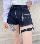 Punk Denim Shorts Women Dark Fashion Gothic Girl  Chic Zipper Sexy Cross Ring Hanging Bandage High Waist Shorts Summer Fashion - webtekdev