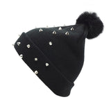 Women Girls Rivet Winter Pompom Beanies Hip Hop Punk Ball Knitted Hat Warm Bonnet Street Spikes Winter Wool Skullies Female Cap - webtekdev