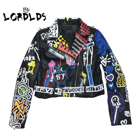 LORDLDS 2019 Leather Jacket Women Graffiti Colorful Print Biker Jackets and Coats PUNK Streetwear Ladies clothes - webtekdev