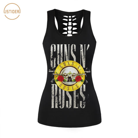 ISTider 2017 New Summer Punk Rock Style 3D Tank Top Women Fashion GUNS N ROSES T Shirt Sleeveless Vest Sexy Hollow Out Shirt - webtekdev