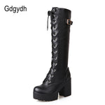 Gdgydh Hot Sale Spring Autumn Lacing Knee High Boots Women Fashion White Square Heel Woman Leather Shoes Winter PU Large Size 43 - webtekdev