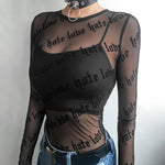 Sexy Gothic Punk Women Mesh Lace T-Shirts See-through Perspective Letter Print Long Sleeve Stretch Tops - webtekdev