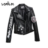 LORDXX Black Graffiti Leather Jacket Women 2019 New Spring Punk Moto Coat Cropped Faux Jackets with belt - webtekdev