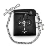 Mens Gothic Cross Clasp Leather Wallet with Antique Biker Chain Black - webtekdev