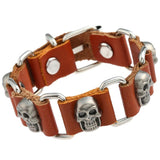 Punk Gothic Men Jewelry Silver Color Skull Charm Genuine Leather Bracelet Belt Buckle Skeleton Bangle Vintage Fashion Wristbands - webtekdev