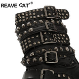 REAVE CAT Winter Women Round toe Lace Up Rivet Studded Low Heels Buckle Military Combat Motorcycle Riding Ankle boots Plus size - webtekdev
