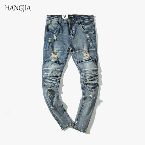 Distressed Ripped Slim Fit Jeans Mens Washed Destroyed Skinny Denim Pants Fashionable Streetwear Blue Hole Biker Jean for Men - webtekdev