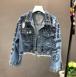 2020 New Fashion Bead Diamond Graffiti Printed Short Design Denim Jacket Coat Women High Waist Cowboy Coats Student Streetwear (Blue One Size) - webtekdev