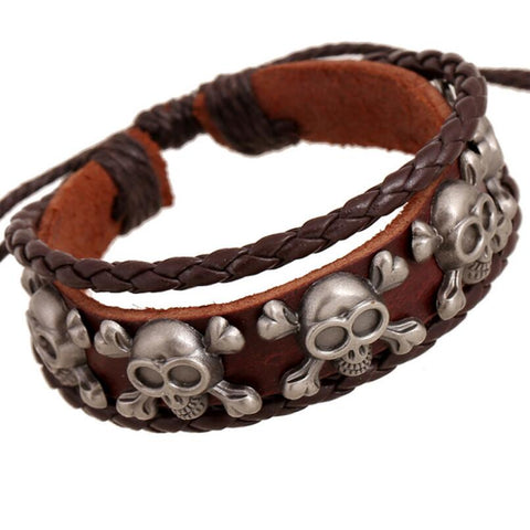 Fashion Punk Vintage Charm Bracelet Alloy Silver Skull Brown Rope Leather Bangle Skeleton Wristbands Adjustable Handmade Jewelry - webtekdev