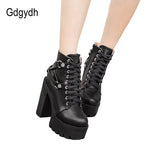 Gdgydh Fashion Black Boots Women Heel Spring Autumn Lace-up Soft Leather Platform Shoes Woman Party Ankle Boots High Heels Punk - webtekdev