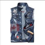 Mens Skull Print Denim Waistcoats Embroidery Patchwork Turn Down Collar Jeans Vests Slim Fit Sleeveless Jacket Jeans Vest J2907 - webtekdev