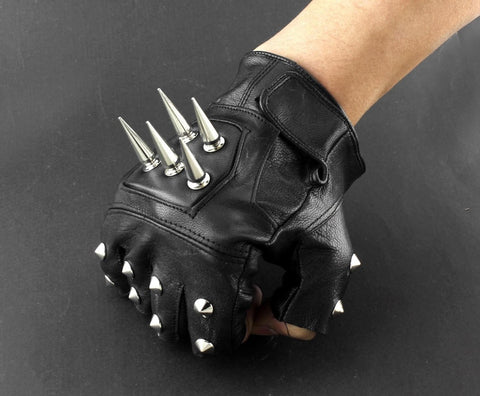 Mens Leather Spike stud Punk Rocker Driving Motorcycle Biker Fingerless Gloves - webtekdev