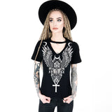 Women Tshirt Gothic Feather Wing Moon Print Black Streetwear T Shirt Cool Punk Stylish Tee Shirts Summer Casual Goth Tops Tees - webtekdev