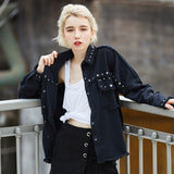 Spring Studded Frayed Women's Denim Jacket Long Sleeve Women's Jackets Large Size Outerwear Irregular jeans jacket Streetwear - webtekdev