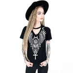 Women Tshirt Gothic Feather Wing Moon Print Black Streetwear T Shirt Cool Punk Stylish Tee Shirts Summer Casual Goth Tops Tees - webtekdev