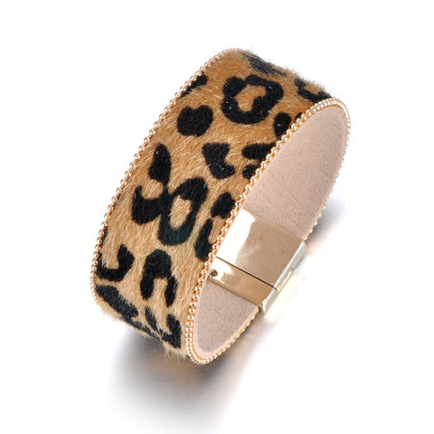 Lokaer Hot Sale Wholesale Fashion Leather Bracelet Horse Hair Leopard Print Magnet Buckle For Women Gift WRBR015 - webtekdev