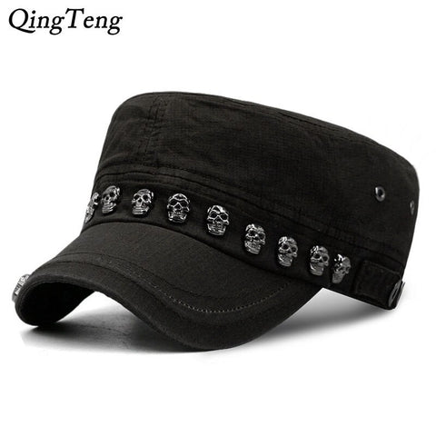 Hip Hop Skull Flat Hats Punk Rivet Ring Men Army Hat Cool Woman Casual Baseball Cap Brand Fitted Hats 2018 New Year'S Gift - webtekdev