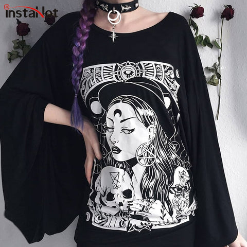 InstaHot Cloak Batwing Sleeve Loose T Shirt Gothic Punk Black Halloween Top Harajuku Women Autumn Summer Aesthetic T shirt (Black One Size) - webtekdev