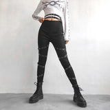 Goth Dark Pencil Pants Women Fashion Eyelet Pu Strap Patchwork Trousers High Waist Skinny Streetwear Cool Chic Female 2019 Pants - webtekdev