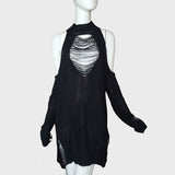 Black Gothic Long Sweaters Women Punk Hollow Out Off Shoulder Thin Hole Pullover Jumpers Cool Broken Knit Sexy Sweater Slit Top (Black One Size) - webtekdev