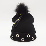 Women Girls Rivet Winter Pompom Beanies Hip Hop Punk Ball Knitted Hat Warm Bonnet Street Spikes Winter Wool Skullies Female Cap - webtekdev