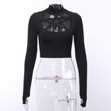 Goth Dark Punk Grunge Gothic T-shrits Harajuku Pentagram Mesh Long Sleeve Autumn 2019 Hollow Out Patchwork Tshirt Navel Vintage - webtekdev