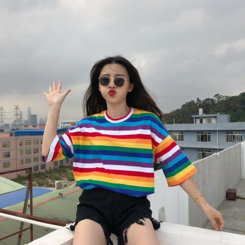 New T Shirt Women Rainbow Striped Tops Harajuku Tshirt  Summer Short Sleeve Korean Punk T-shirt camiseta feminina T8 - webtekdev