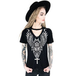 Women Tshirt Gothic Feather Wing Moon Print Black Streetwear T Shirt Cool Punk Stylish Tee Shirts Summer Casual Goth Tops Tees - webtekdev