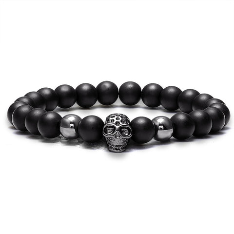 LIVVY Charm Stone Natural Pearl Men's Bracelet Punk CZ Head Skeleton Bracelet Men's Fashion Bead Bracelet - webtekdev