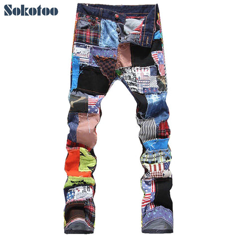 Sokotoo Men's patchwork spliced ripped denim jeans Male fashion slim colored patch buttons fly straight pants Free shipping - webtekdev
