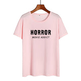 Horror Movie Addict Funny T Shirts Women Clothes 2019 Cotton Black White Tshirt Summer Tops Hip Hop Harajuku Tee Shirt Femme - webtekdev