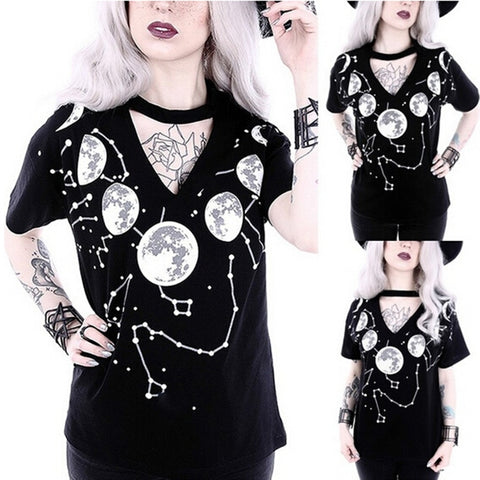Tshirt Women Fashion Gothic Style Punk Girl Print Short Sleeve V-neck T-shirt Camiseta Mujer Poleras Top Women Harajuku T Shirt - webtekdev