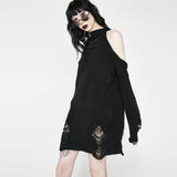 Black Gothic Long Sweaters Women Punk Hollow Out Off Shoulder Thin Hole Pullover Jumpers Cool Broken Knit Sexy Sweater Slit Top (Black One Size) - webtekdev