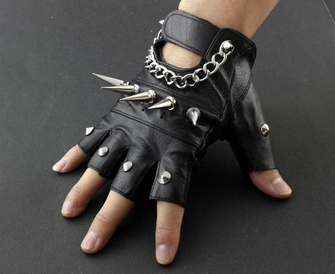 Mens Rivet Spike Punk Rocker Driving Motorcycle Biker Leather Fingerless Gloves - webtekdev