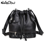 NIGEDU Rock Style Women Shoulder Bag Punk rivet messenger bags PU Leather Handbags female Designer Motorcycle Bucket Totes black (Black 26X30X14cm) - webtekdev