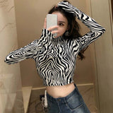 2019 New Fashion Sexy High Street Ladies Zebra Leopard Animal Print Shirts Women Turtleneck Long Sleeve Stretch Zebra Female Top - webtekdev