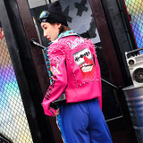 2019 Women Leather Jacket Street Fashion Rivets Leopard Letters Graffiti Colorful Eyes Print Motorcycle PU Leather Jacket Y8362 - webtekdev