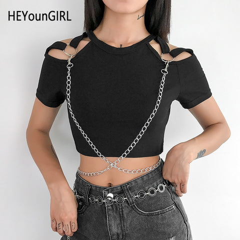 HEYounGIRL Harajuku Punk T-shirt Woman Black Basic Crop Top T Shirt with Chains O-neck Gothic Tshirts Cotton Women Korean Summer - webtekdev
