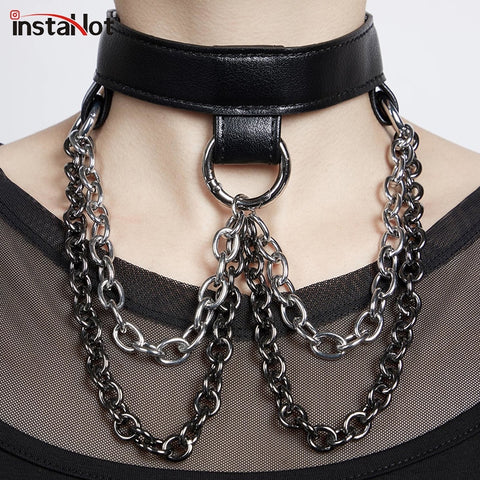 InstaHot Punk Style Gothic Dark Black Sexy Chocker Chain Necklace Women PU Leather Collar Necklet Chaplet Metal Chain Jewelry (Chocker) - webtekdev