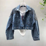 YingYuanFang Fashion new bat sleeve heavy work rivet short washed denim jacket female jacket - webtekdev