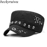Beckyruiwu Adult Hip hop Punk Rock Skull Rivet Flat Peaked Hats Men Spring and Autumn Fitted Baseball Caps - webtekdev