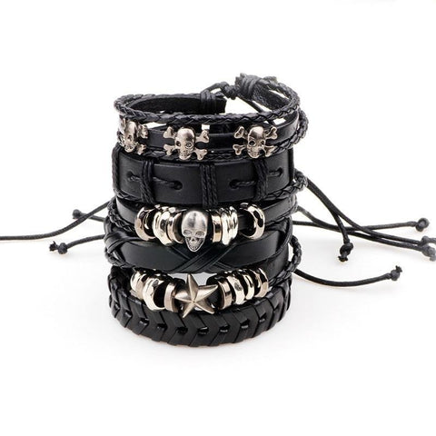 Fostfo 6pcs/set Black Wristband Genuine Skull Head Leather Charm Bracelet Men Jewelry Punk Vintage Braided Bracelet For Men (As picture) - webtekdev