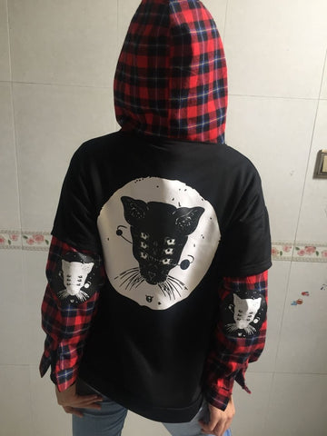 Patchwork Plaid Stripe Cat Gothic Print Drawstring Hooded Pocket Harajuku Women/Men T Shirt Streetwear T-Shirt Top Punk Tee Top (Black One Size) - webtekdev