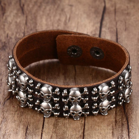 Mens Punk Leather Bracelets 2 Row Skull Head Crossbone Heavily Metal Style Wristband Cuff Bracelet Men Adjustable Jewelry - webtekdev