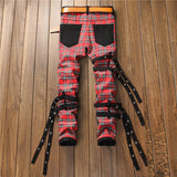 Sokotoo Men's Scotland plaid patchwork cross slim straight jeans Trendy bandage denim pants - webtekdev